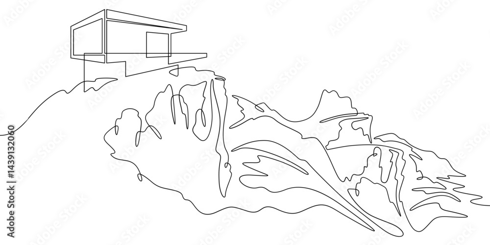 Poster continuous one line drawing house on a cliff.modern house on top of a mountain.building on a hillsid