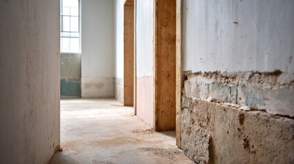 Interior hallway shows flood damage with walls cut halfway for repairs. Open air drying equipment aids restoration while natural light highlights cleanup efforts