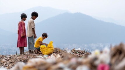 Children engage in sorting recyclables amidst a landfill, with piles of garbage and hazy mountains creating a stark backdrop, showcasing their daily reality