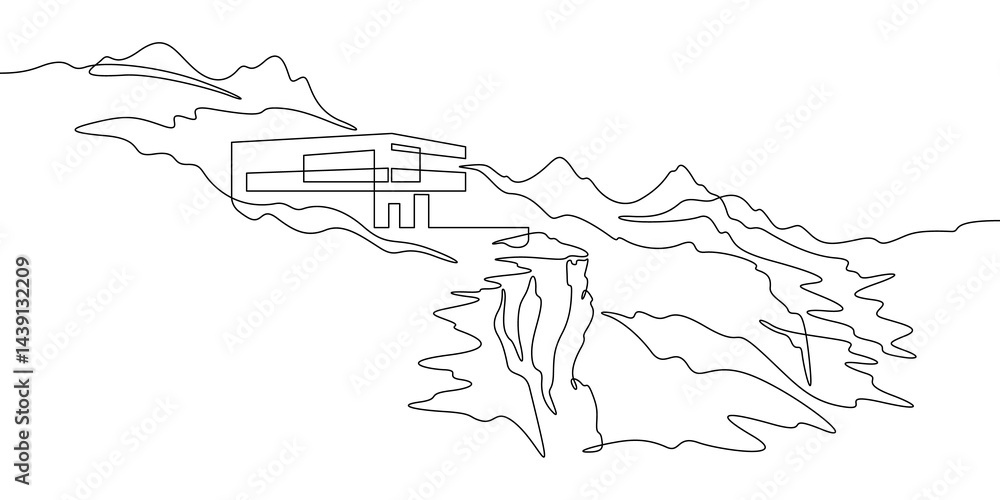 Poster continuous one line drawing house on a cliff.modern house on top of a mountain.building on a hillsid