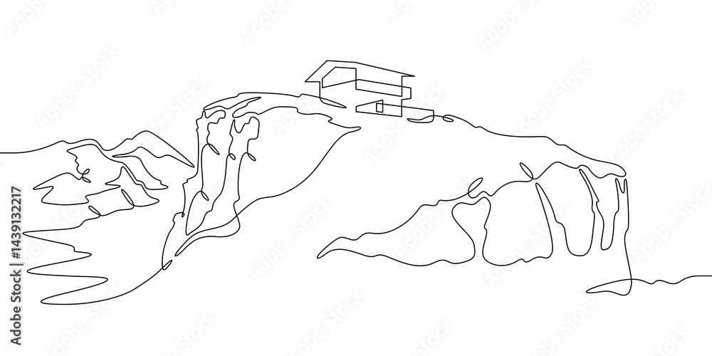 Poster continuous one line drawing house on a cliff.modern house on top of a mountain.building on a hillsid