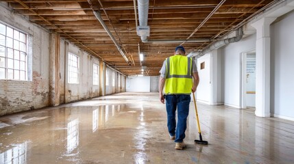 Technician conducts mold inspection in a partially cleaned interior following a flood, using equipment to scan walls while ensuring safety and accuracy