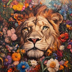 Close Up Of Flowers. Lion Portrait in Colorful Bed of Flowers