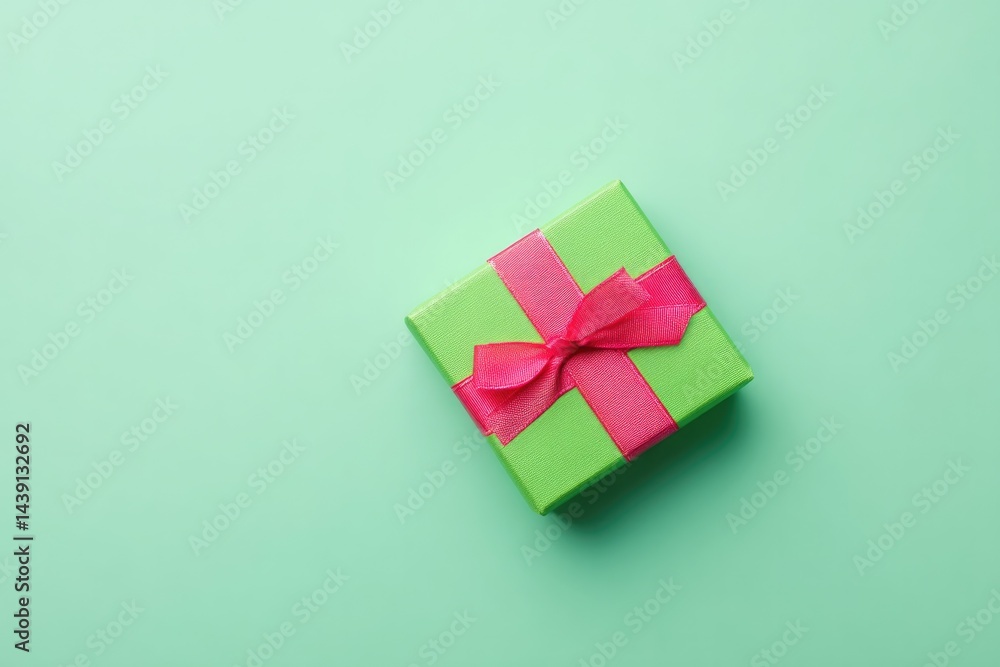Poster single gift box wrapped in vibrant paper with ribbon on smooth solid background with ample copy spac