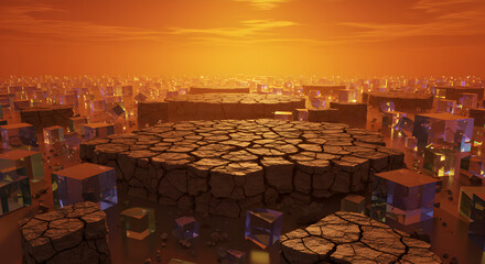 Obraz premium Surreal Landscape Featuring Cracked Earth Plains and Translucent Geometric Shapes