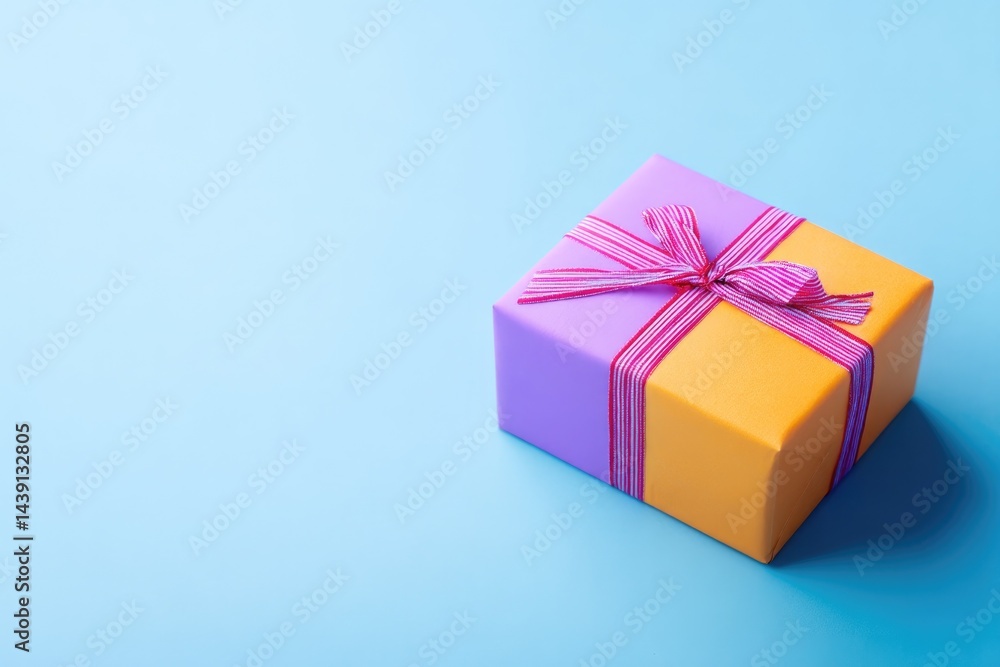 Poster single gift box wrapped in vibrant paper with ribbon on smooth solid background with ample copy spac