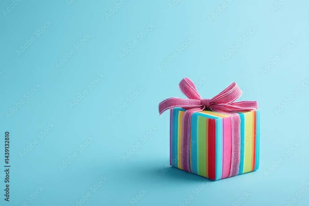 Poster single gift box wrapped in vibrant paper with ribbon on smooth solid background with ample copy spac