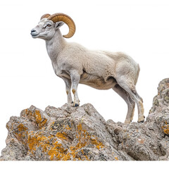 Dall sheep ram standing on rocky mountain peak wildlife animal photo on transparent background