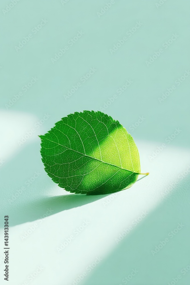 Aufkleber single green leaf rests on pristine white surface casting soft shadow minimalistic composition
