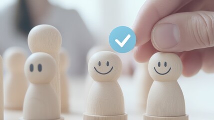 Hand selects happy employee, team success, office background