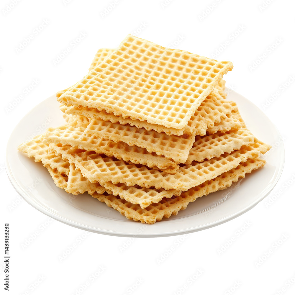 Poster crispy wafers stacked neatly on a transparent plate against a plain background, wafers in a plate is