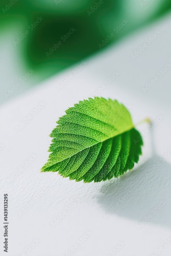 Poster single green leaf rests on pristine white surface casting soft shadow minimalistic composition