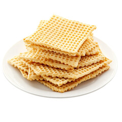 Fototapeta premium Crispy wafers stacked neatly on a transparent plate against a plain background, Wafers in a plate isolated on transparent background