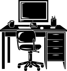 Black and white desk vector interior illustration