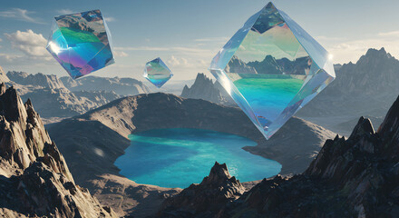 Floating Crystalline Structures Above Mountainous Terrain with Blue Lake