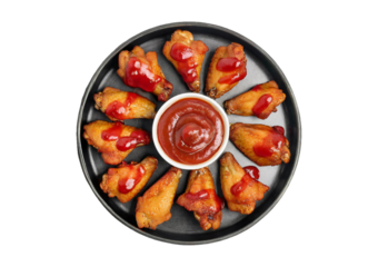 Air fryer chicken wings glazed with hot chilli sauce and served with ketchup isolated on transparent or white background