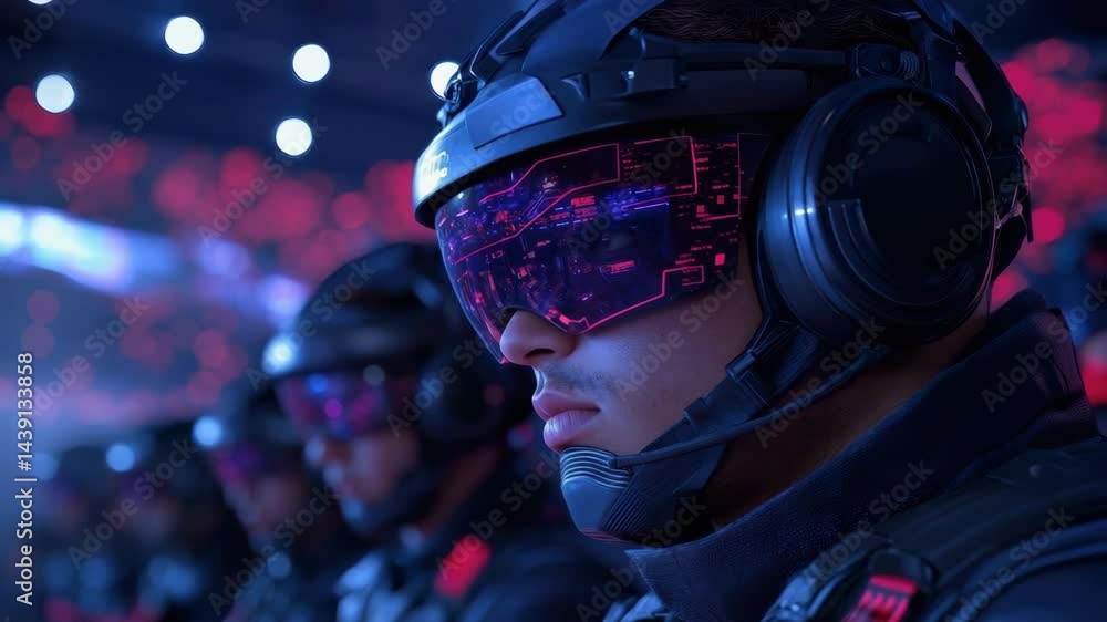 Poster futuristic soldiers utilizing advanced technology with helmets and visors in digital environment.