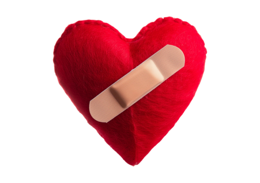 broken heart love relationship and plaster bandage isolated on transparent or white background