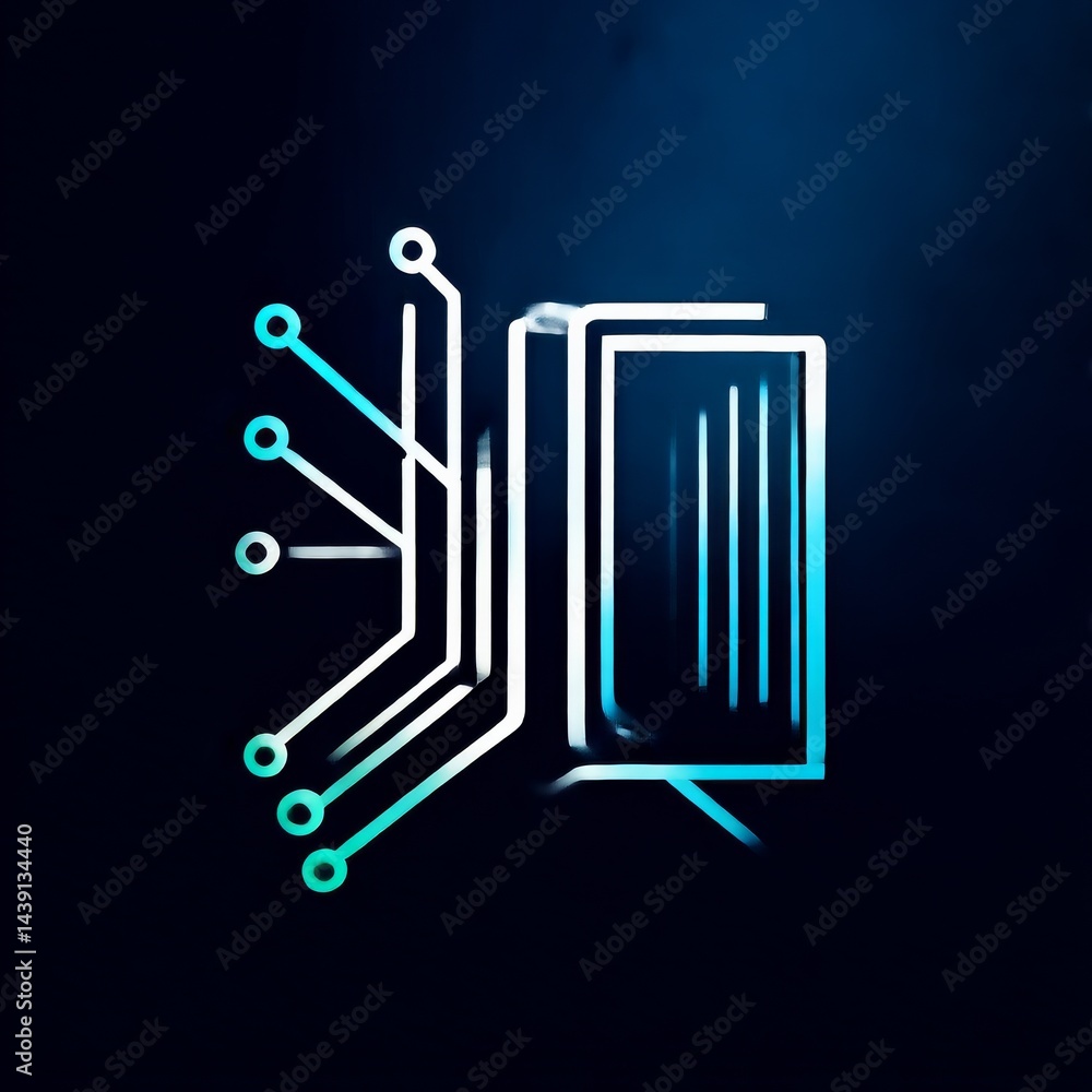 Poster digital archive: futuristic book with circuit connection in teal and white on dark blue background