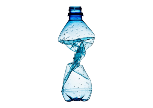 Compressed plastic bottle for recycling and selective sorting of waste, isolated on transparent or white background