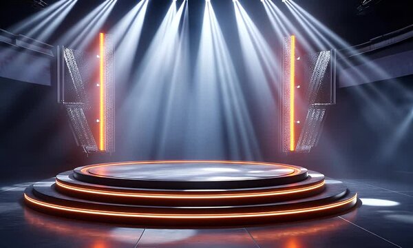 The background of the stage is light blue, with a circular podium in front and three spotlights shining down on it from above