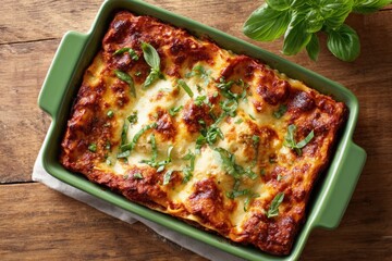 A colorful baked lasagna sits in a green dish, garnished with fresh herbs, on a rustic wooden table. This dish is perfect for family gatherings or casual dinners
