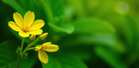 Obraz premium Soft yellow primrose blooms against vibrant green foliage , closeup, bright