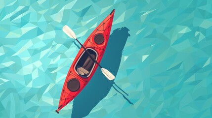 Red kayak with paddle on blue geometric water, minimalist flat illustration  style top-down view watermark
