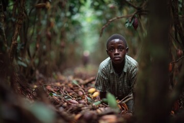 A young boy works in cocoa fields, surrounded by dense vegetation and fallen pods, symbolizing the harsh realities of child labor and exploitation in agriculture