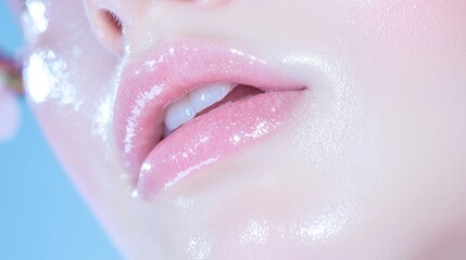 Fototapeta premium Close-up of a woman's face, featuring dewy, glowing skin and glossy lips. Healthy, radiant complexion
