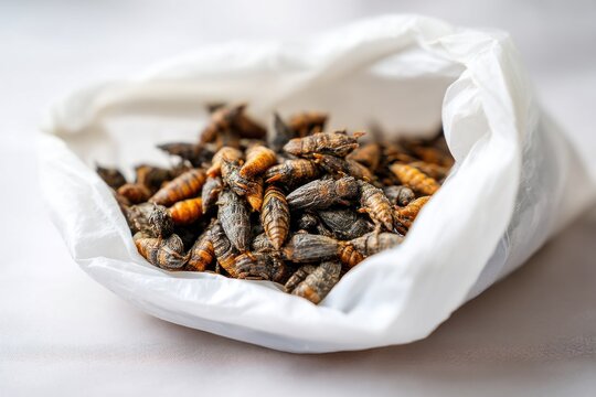 Dried mopane worms are displayed in a white plastic bag, representing a traditional delicacy enjoyed in various Southern African communities