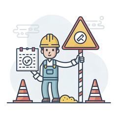 Construction Worker Safety Sign Checklist Roadworks Illustration