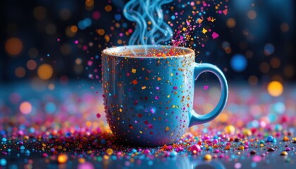 A cup emits steam. Tiny confetti surrounds the cup.