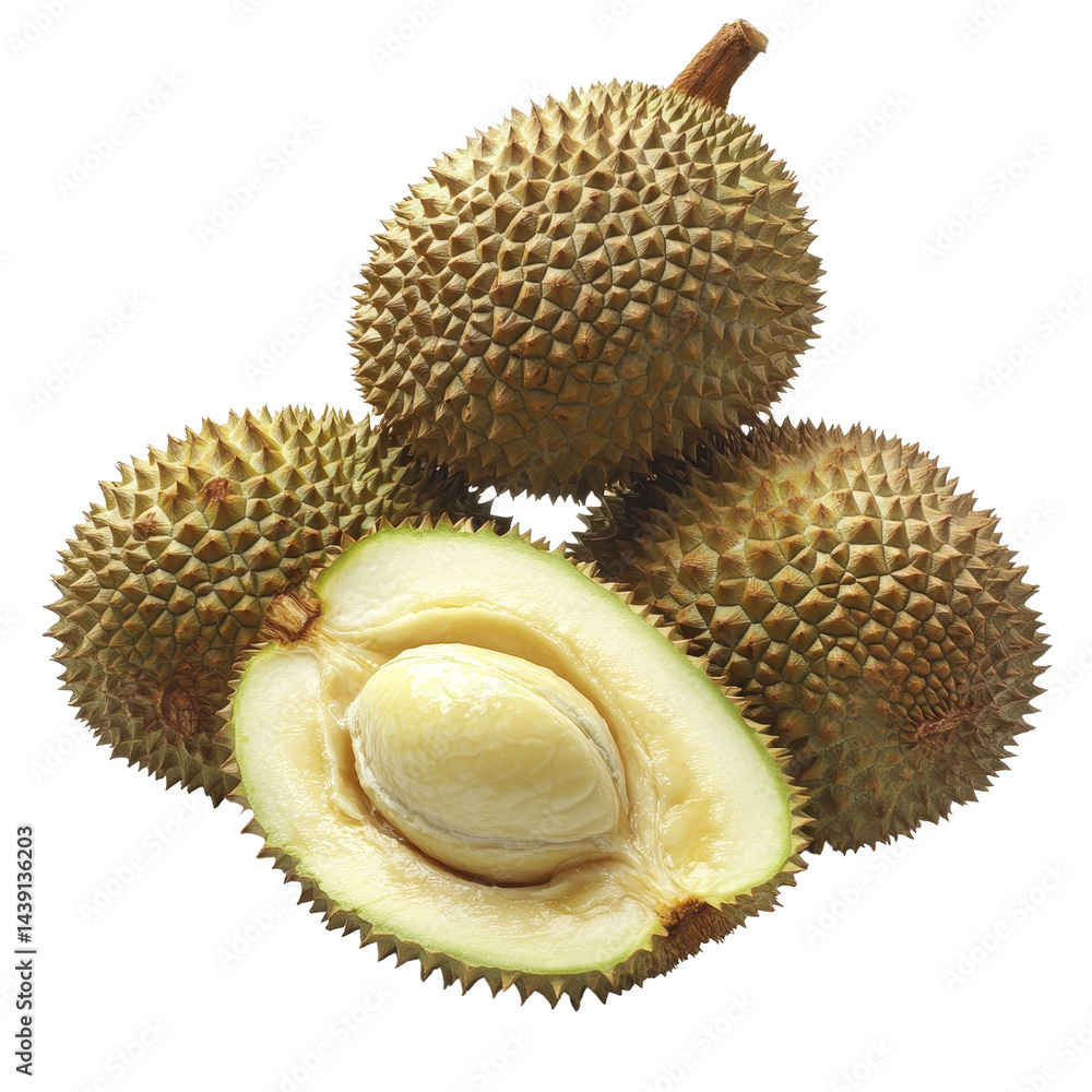 Poster fresh durians on a transparent background showcasing their unique appearance and texture, durian on 