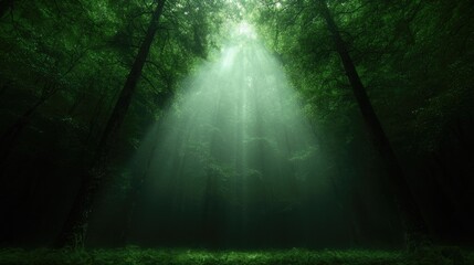 Obraz premium Sunlight piercing a misty forest