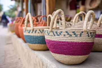 Obraz premium Colorful handmade baskets are prominently displayed at a lively market, reflecting rich craftsmanship and cultural heritage. Artisans proudly present their unique creations