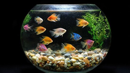 A small fish bowl with bright tropical fish and pebbles at the bottom.