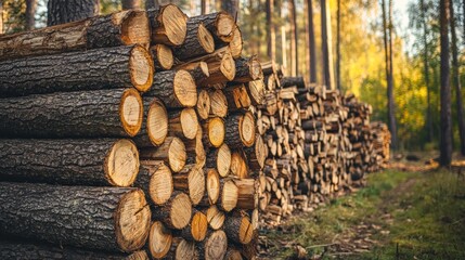 Firewood processor cutting large logs into firewood in the forest.