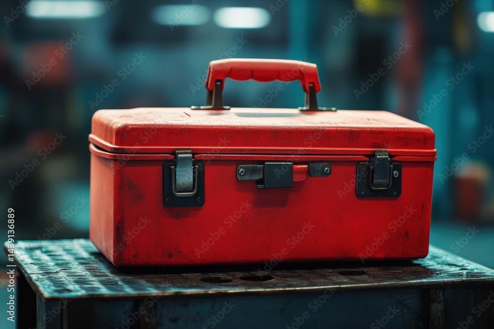 Poster close-up of a weathered red toolbox resting on a metal platform.