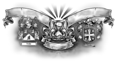 Family Crest with Hourglass and Scroll Banners - Heraldic Emblem