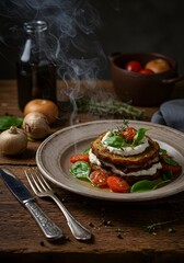 Steaming gourmet eggplant dish, layered with cheese and tomatoes, served on a wooden table.