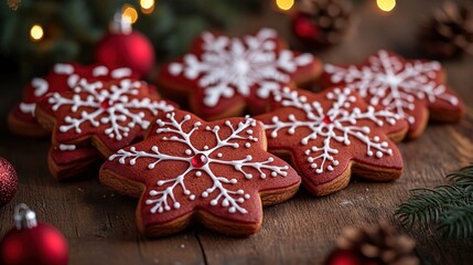 Festive star-shaped gingerbread cookies decorated with white icing snowflakes and red jewels, arranged on a rustic wooden surface with Christmas ornaments and pine sprigs.