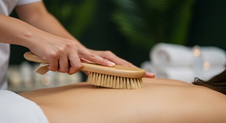 Massage Therapist Dry Brushing Clients Back with Natural Bristle Brush in Softly Lit Spa