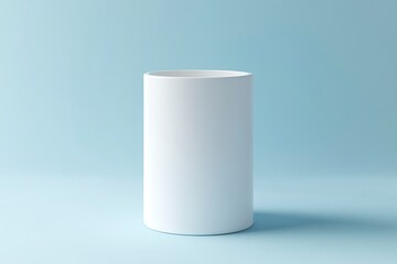 3D render of a white cylindrical podium on a pastel blue background with a soft shadow and light, a minimal scene for a product display presentation design mockup. 