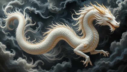 Fototapeta premium The image depicts a fantasy animal amidst swirling clouds. The creature has scales and a mane, along with horns.