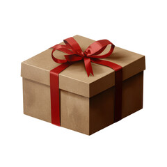 Obraz premium Brown gift box with red ribbon placed on a white surface, adding a festive touch to any occasion