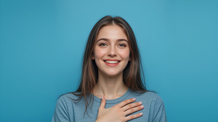 Happy mindful thankful young woman hand on chest smiling isolated on blue background