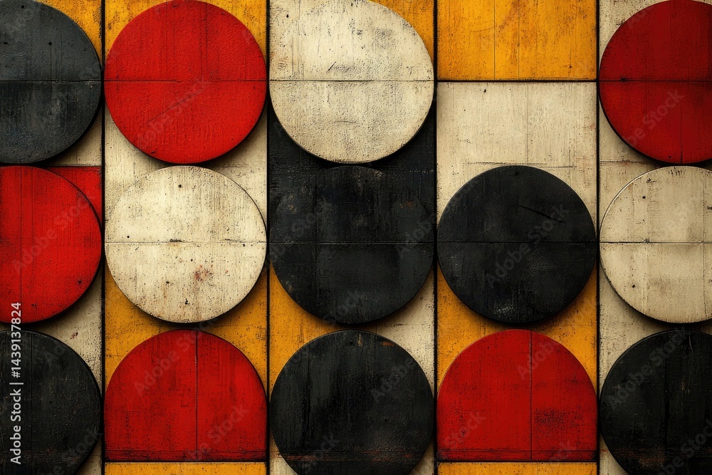 Poster rustic wood circles in red, black, and white create a bold abstract pattern. great as a background o
