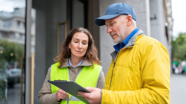 Building manager and pest control expert engage in a discussion about pest management strategies in front of a city office entrance during daylight