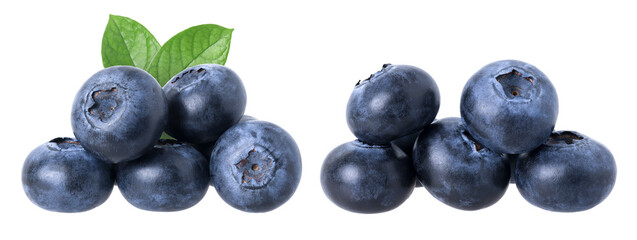 Blueberry pile with leaves isolated, transparent PNG. Blueberry macro studio photo